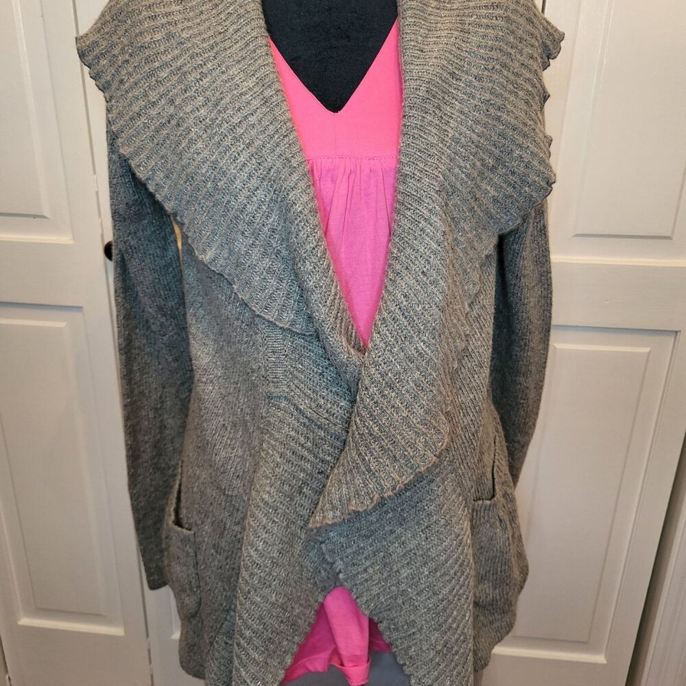 Gray Ruffle Long  Open Cardigan Shawl Collar Pockets  M Fairy Y2K Whimsygoth
